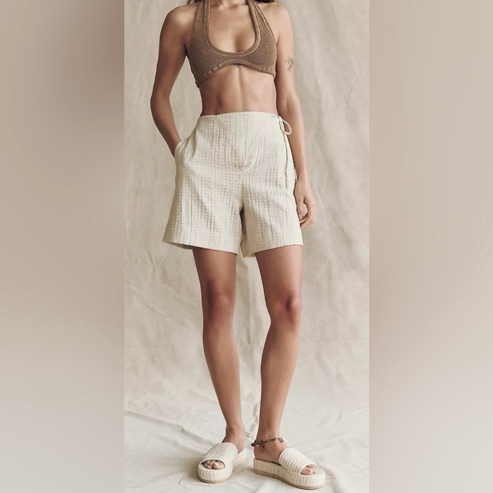 Free People free-est Pucker Check Wrap Shorts Oatmeal 100% Cotton Size L - Picture 1 of 14